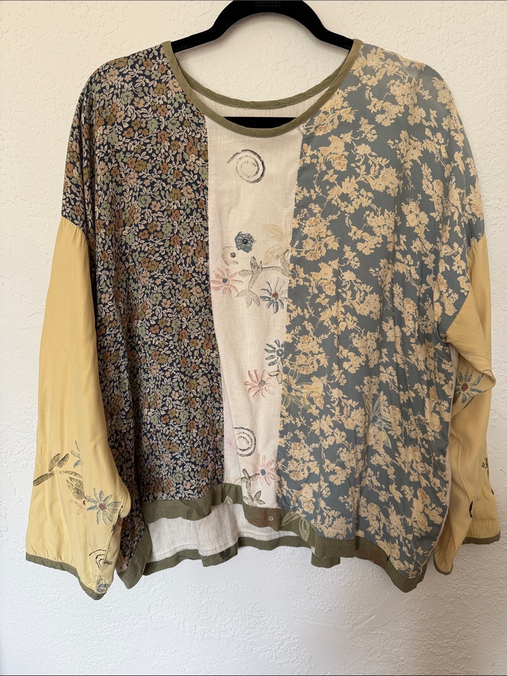 Patchwork Floral Long Sleeve Blouse in Sage and Mustard